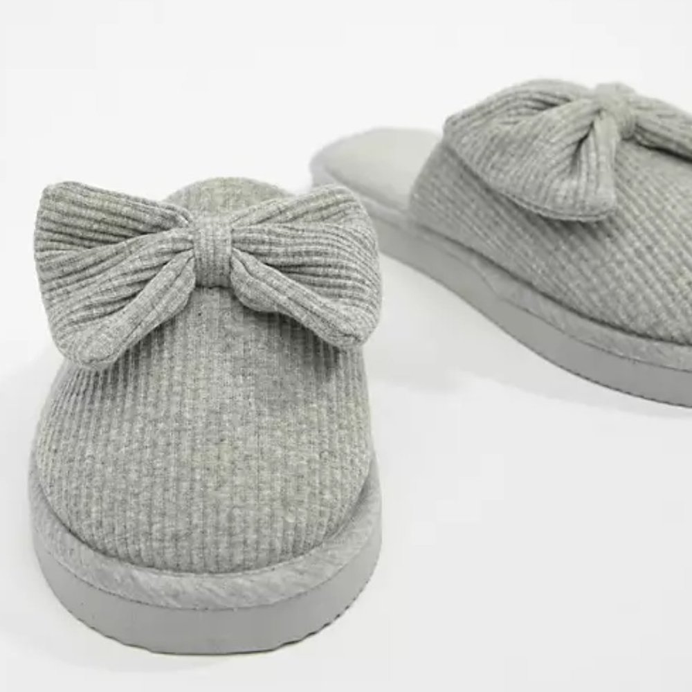 ASOS Grey Ribbed Nixie Bow Cozy Slippers - Picture 3 of 7